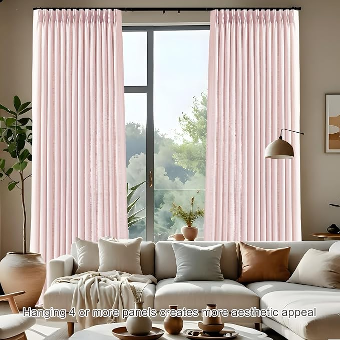 Light Pink Pinch Pleated Linen Curtains 96 Inches Long for Girls Bedroom Living Room, Light Filtering Pleat Drapes Textured Thick Blush Semi-Sheer Window Curtain with Hooks for Nursery, 2 Panels