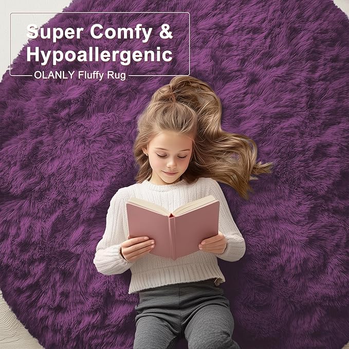 OLANLY Dark Purple Round Rugs for Bedroom - Machine Washable, 6 ft Circle Area Rugs for Living Room, Soft and Fluffy Shaggy Carpet for Teen Girl and Boys, Nursery Rooms, Dorms, Home Decor Aesthetic