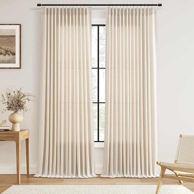 Extra Wide Pinch Pleated Linen Curtains 70 Inch Wide for Patio Sliding Glass Door Natural Cream Beige 90 Inches Long Light Filtering Drapes with Hooks Rings Back Tab for Living Room 2 Panels 70x90