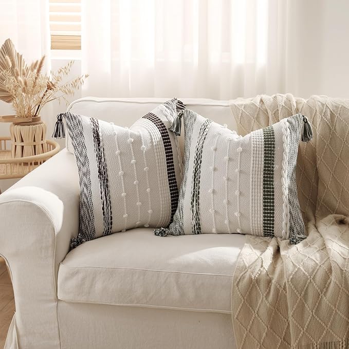 DEZENE Boho Pillow Cover 18x18 Olive Green - Handmade Woven Textured Throw Pillow Case with Cordings & Tassels, Decorative Accent for Couch Sofa Bed Farmhouse Living Room Bedroom Home Decor