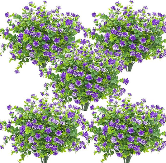 Grunyia 10 Bundles Artificial Fake Flowers, Faux Outdoor Plastic Plants UV Resistant Shrubs Outside Indoor Decorations (Blue-Eucalyptus)