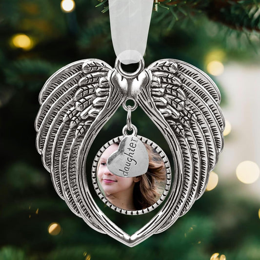 Christmas Ornaments Angel Wings with Custom Photo Frame for Loss of Loved One Remembrance Keepsake with Silk Ribbon & Red Gift Box