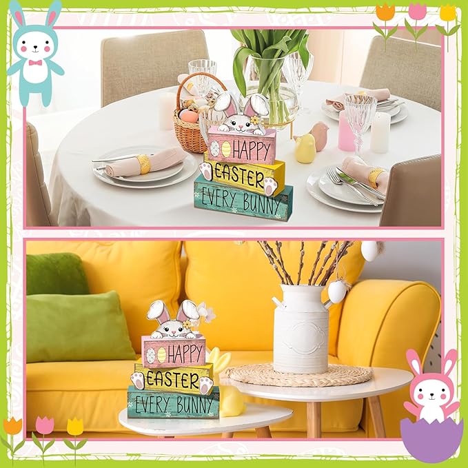Moucuny 4 Pcs Easter Table Decorations Bunny Tiered Tray Decor Wooden Bunny Block Signs for Family Gatherings, Reusable Happy Easter Centerpiece for Kitchen, Home Shelf, Office & Spring Party Tables