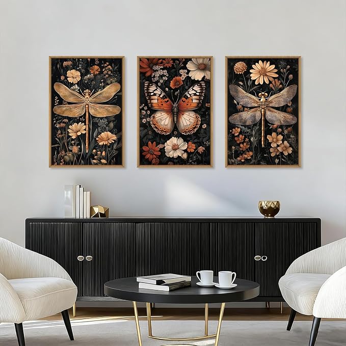 Large Vintage Butterfly Dragonfly Framed Canvas Wall Art Set,Retro Dark Academia Animal Floral Botanical Wall Decor,Moody Insect Wildflower Artwork for Living Room,Bedroom,Farmhouse-16 x24 x3