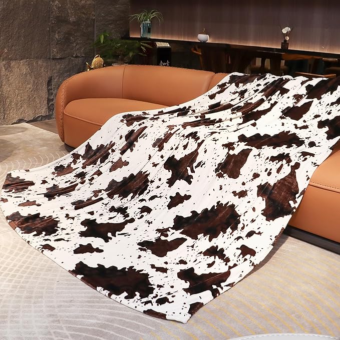 Queen Size Blanket for Bed Couch, Oversized Soft Fuzzy Full Size Fleece Blanket for Couples Adults, Cow Print Decoration for Bedroom Living Room, Western Farmhouse Style, 90x90 Inches