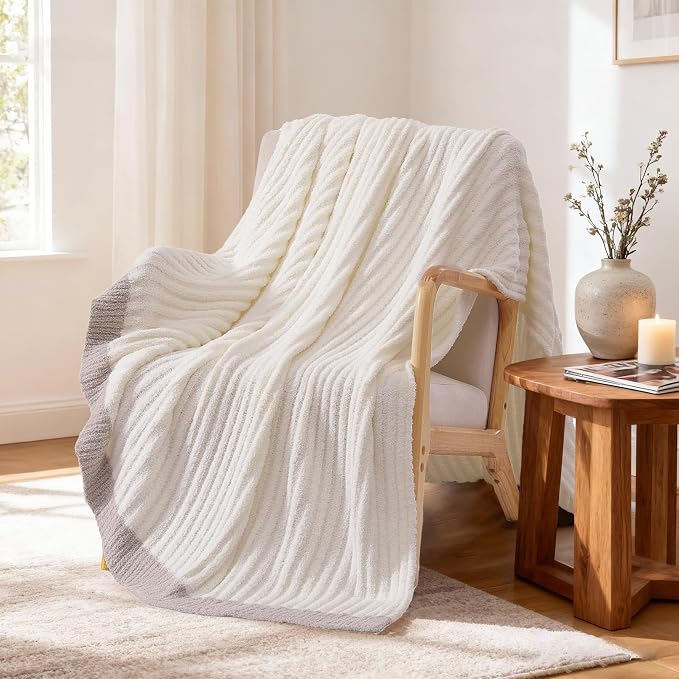 WRENSONGE Soft Throw Blanket for Couch-Cozy Reversible Knitted Blankets | Lightweight Warm Fluffy Decor for Women, Mom, Her & Girls, Sofa, Chair, Bed, 50x60in, White