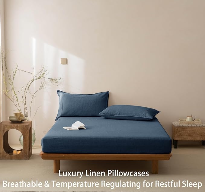 Talasily 100% French Linen Pillow Case Queen Size Set of 2,Oeko-TEX Certified Stone Washed Flax Pillow Shams with Envelope Closure - Breathable & Cooling for Hot Sleepers（Navy Blue,20''x30''）