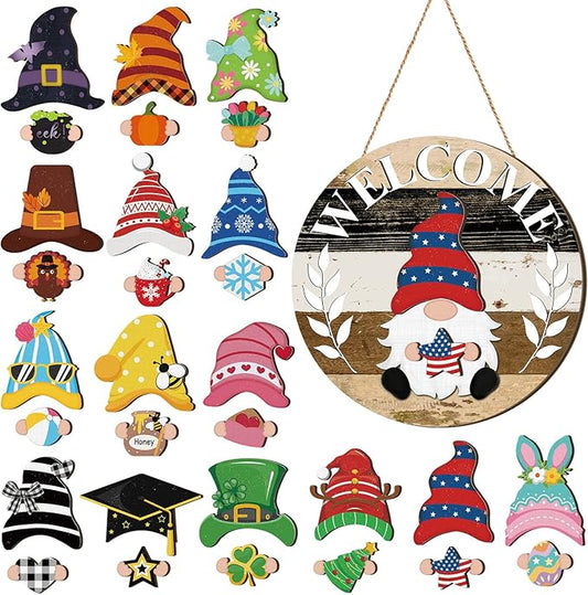 Qunclay Interchangeable Wooden Gnome Decor Holiday Seasonal Gnome Decorations with Magnet Pieces and Detachable Hats Changeable Welcome Sign for Home(Black White Grey)