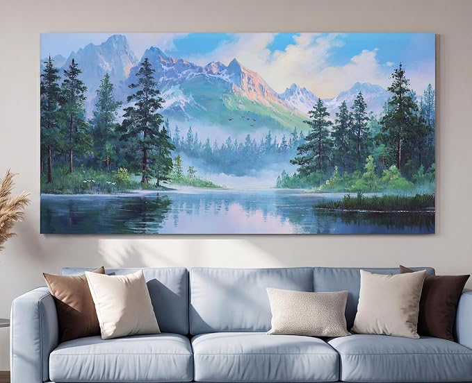 Acocifi Landscape Canvas Wall Art for Living Room 48"x24" Blue Painting | mountain lake forest nature scenery picture pine trees modern wall decor bedroom kitchen large artwork framed ready to hang