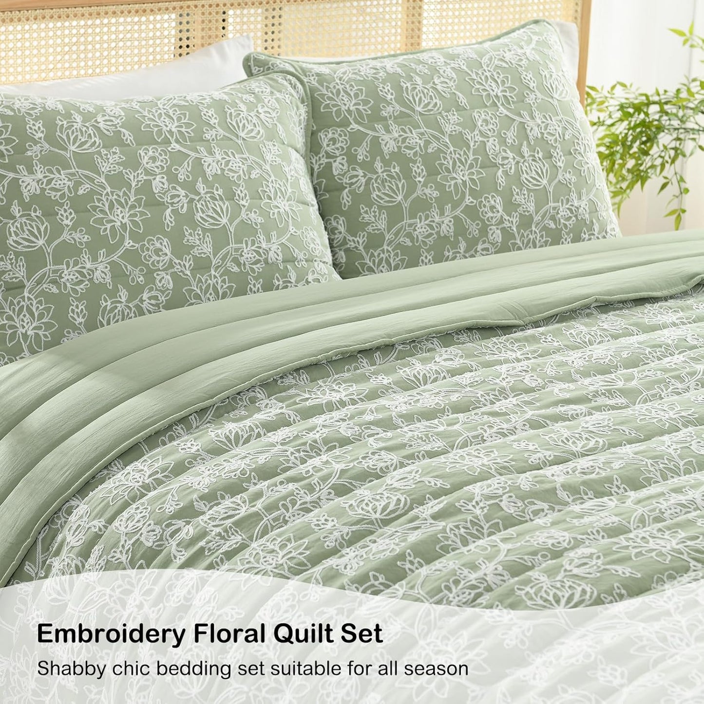 HORIMOTE HOME Floral Embroidery Quilt Queen Size, Sage Green Queen Quilt Bedding Set Soft Lightweight Bedspread Full Size Shabby Chic Farmhouse 3 Pieces Comforter Set for All Seasons