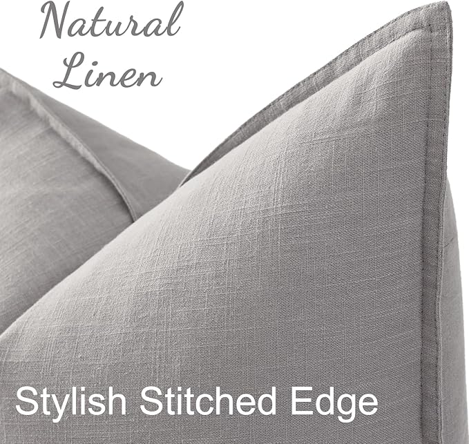 decorUhome Summer Decorative Linen Euro Sham Throw Pillow Covers 24x24 Inch Set of 2 Light Grey Pillow Covers with Flange Edges Soft Farmhouse Boho Accent Pillow Cases for Couch Bed Living Room
