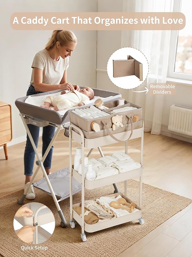 Fortella Baby Diaper Caddy, 3 Tier Rolling Storage Cart for Baby Essentials, Diaper Cart with Detachable Dividers, Storage & Baby Bottle Organizer, Nursery Dresser for Bedroom, Living Room (Taupe)