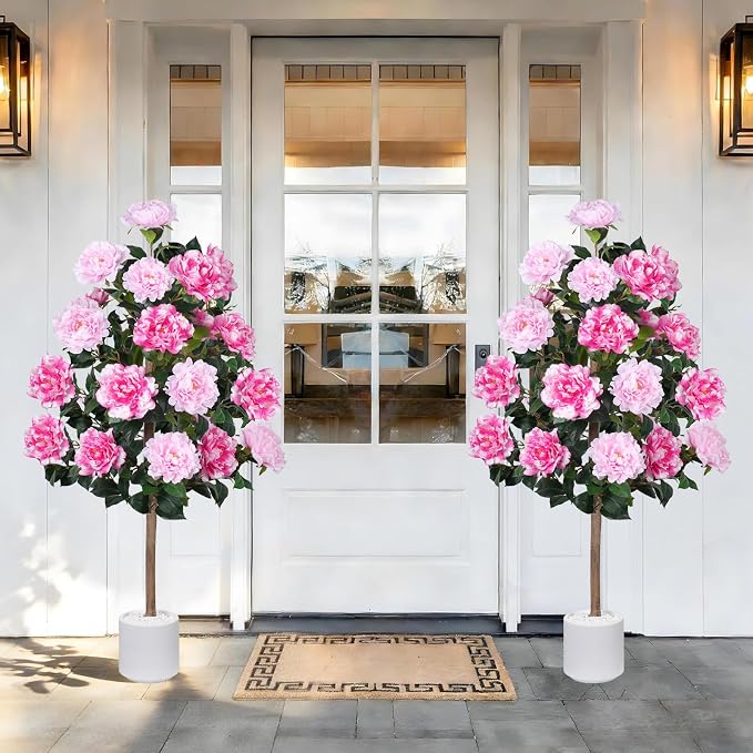 2 Pack 4FT Artificial Peony Tree, Fake Pink Trees for Outdoors Decor | 21 Blooming Peonies Flowers, Artificial Flowering Trees, For Front Door Porch Patio Living Room Office Indoor Outdoor Decor