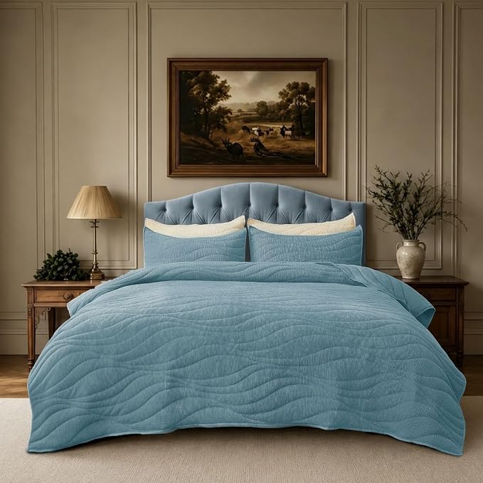 DOWN HOME Crinkle Textured Velvet Quilt Set with Shams, All-Season Luxury Modern Bedding,Easy Care Comforter,Ultra-Soft,Lightweight & Breathable, Cali King, Celestial Blue
