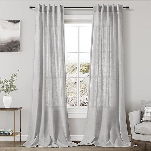 Grey Linen Curtains 102 Inches Long for Living Room 2 Panel Set Back Tab Rod Pocket Semi Sheer Curtains Light Filtering Burlap Extra Long Drapes Neutral Farmhouse Decor for High Window 40x102