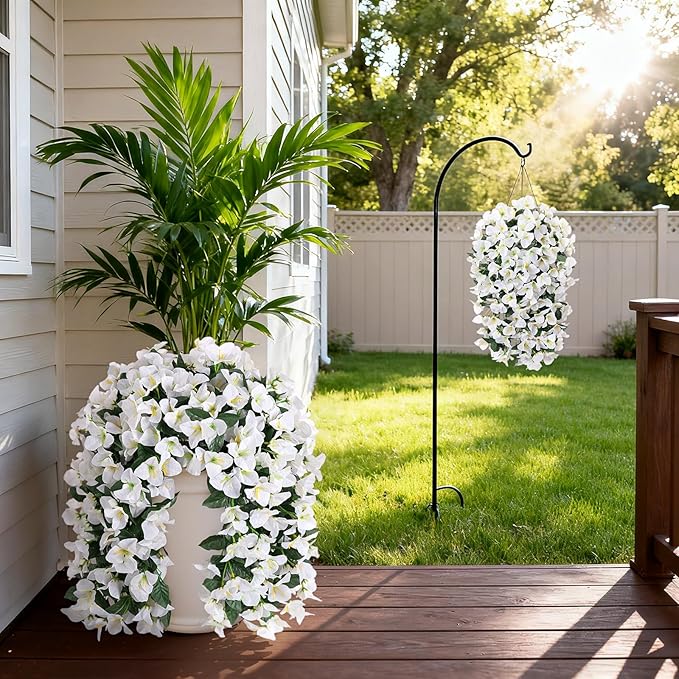 INXUGAO 2 pcs Artificial Faux Bougainvillea Flowers Plants for Outdoor Outside Summer Decoration, Fake Silk UV Resistant Long Trailing Vines for Front Door Porch Planter Balcony (White)