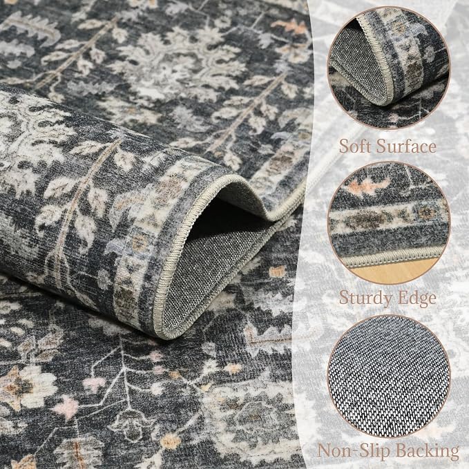 Washable Rugs for Living Room: 5x7 Area Rugs for Bedroom Ultra Soft Non-Slip Stain Resistant Vintage Boho Large Carpet for High-Traffic Dining Room - Farmhouse Decor