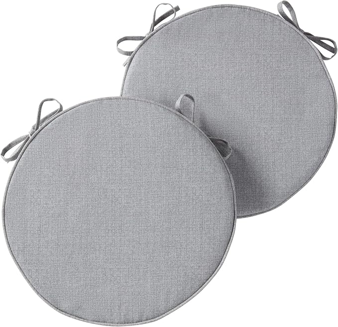 Set of 2 Outdoor 18 inch Round Patio Dining Chair Pads – Comfortable Fiber-Filled Seat Cushions with Ties, Reversible Polyester Fabric, Heather Gray