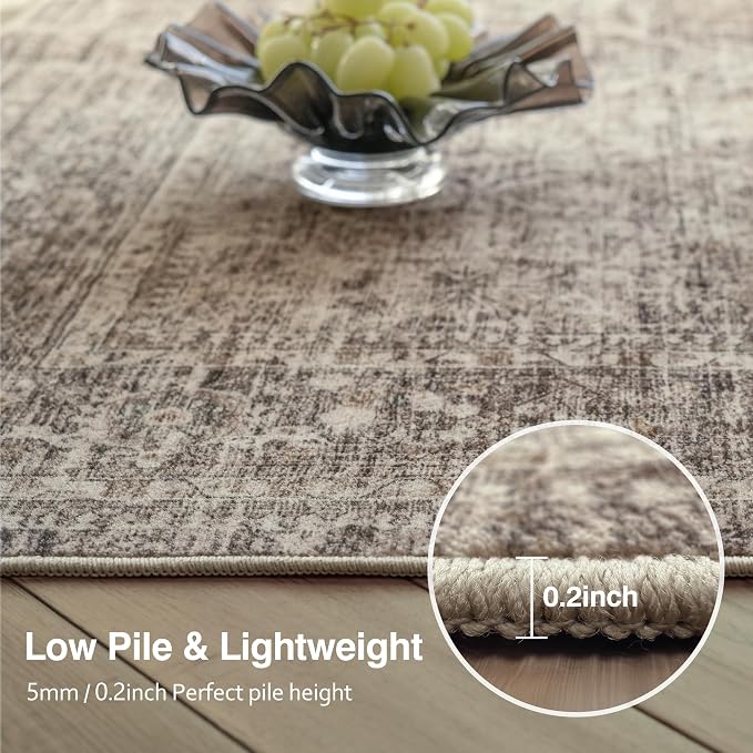FMFUNCTEX 4x6 Washable Area Rug Neutral Vintage Taupe Non Slip Low Pile Traditional Indoor Carpet for Living Room Bedroom Soft Retro Floral Mat Throw Rug for Dining Office Kitchen Dorm Entryway