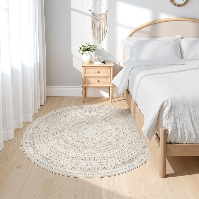 cotiled 5x5 Round Area Rug Living Room: Washable Boho Rugs with Non Slip Backing Large Soft Indoor Stain Resistant Carpet for Bedroom Farmhouse Dining Room Lightweight Home Decor Brown/Cream