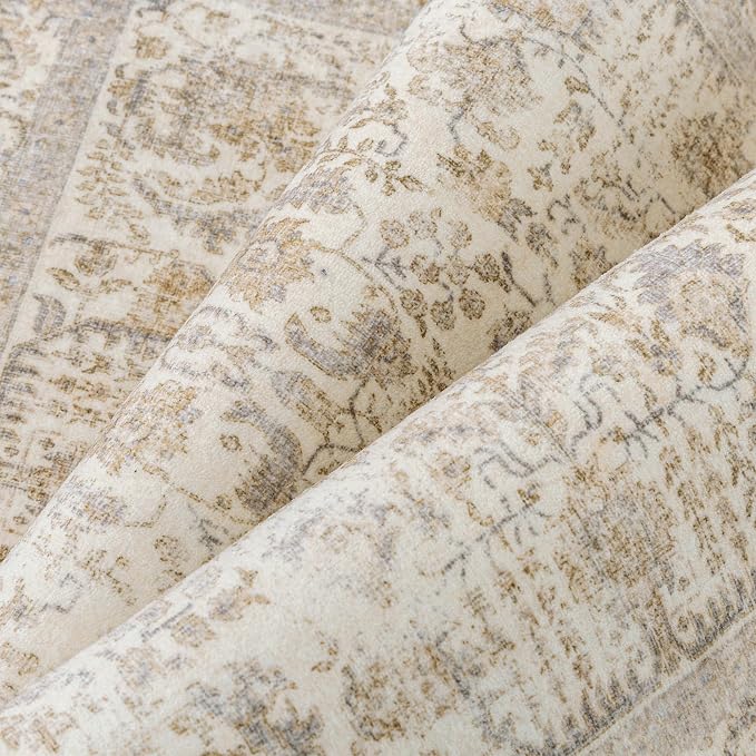 PureCozy Light Brown Runner Rug 2'6"x12' Washable Carpet for Hallway Kitchen Vintage Distressed Non Slip Indoor Retro Floral Bedroom Accent Throw Long Rug Bathroom Office Laundry Dining Living Room