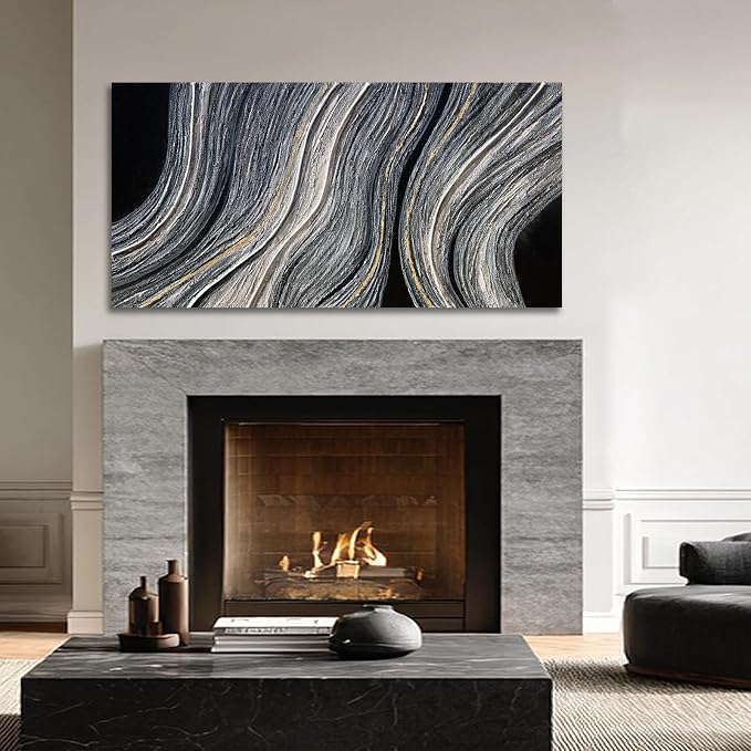 ZUNARE Modern Abstract Canvas Wall Art with Blue Gray and gold Linear Design, Minimal Tonal Artwork Creating a Peaceful Atmosphere for Bedroom Living Room Office Kitchen 24"x48"