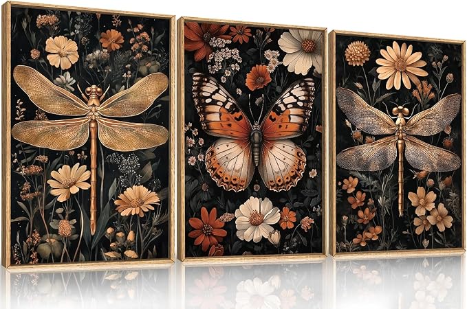 Large Vintage Butterfly Dragonfly Framed Canvas Wall Art Set,Retro Dark Academia Animal Floral Botanical Wall Decor,Moody Insect Wildflower Artwork for Living Room,Bedroom,Farmhouse-24 x36 x3