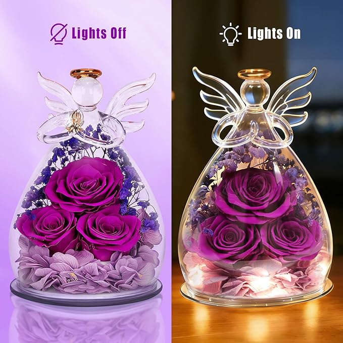 Mothers Day Birthday Gifts for Mom Women, Preserved Eternal Rose Forever Flower in Glass Angel Figurine, Fresh Flowers for Delivery, Unique Gift for Grandma Nana Wife Mum from Daughter Son