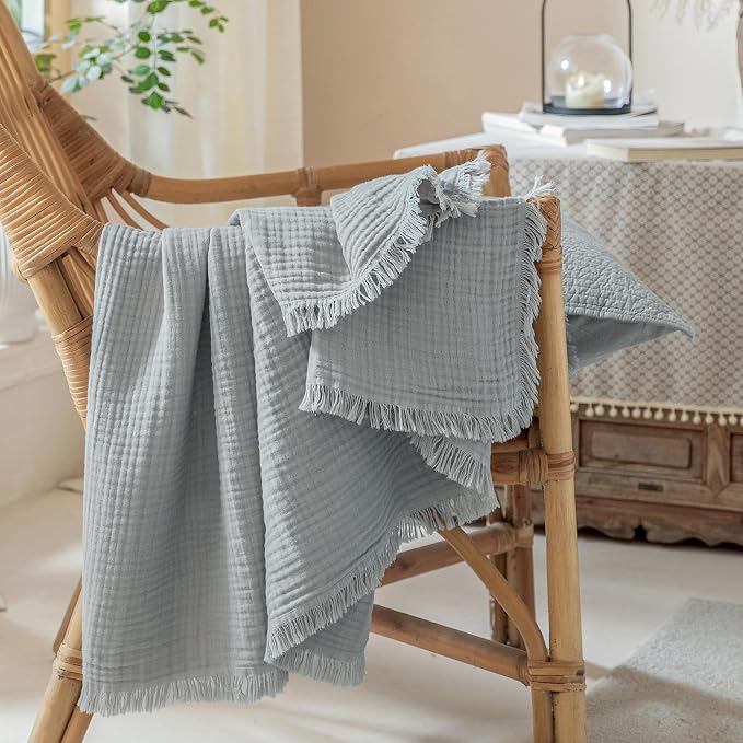 Muslin Fringe Blankets for Adults: 100% Cotton Cloud Soft | 4-Layer Gauze Breathable Lightweight All Season Throw Blanket for Bed Couch Sofa Office