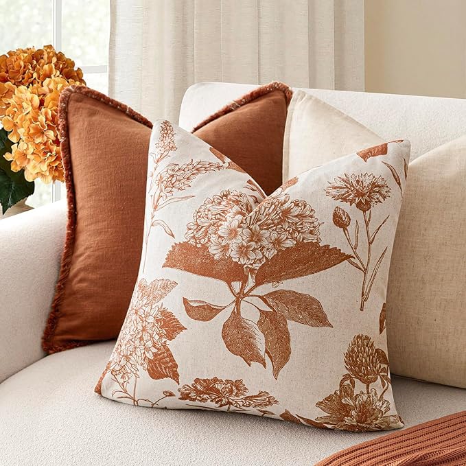 Foindtower Set of 2 Linen Floral Throw Pillow Covers Vintage Accent Print Decorative Cozy Cushion Covers Farmhouse Boho Home Decor for Sofa Chair Couch Bedroom Living Room,22×22 Inch,Autumn Orange