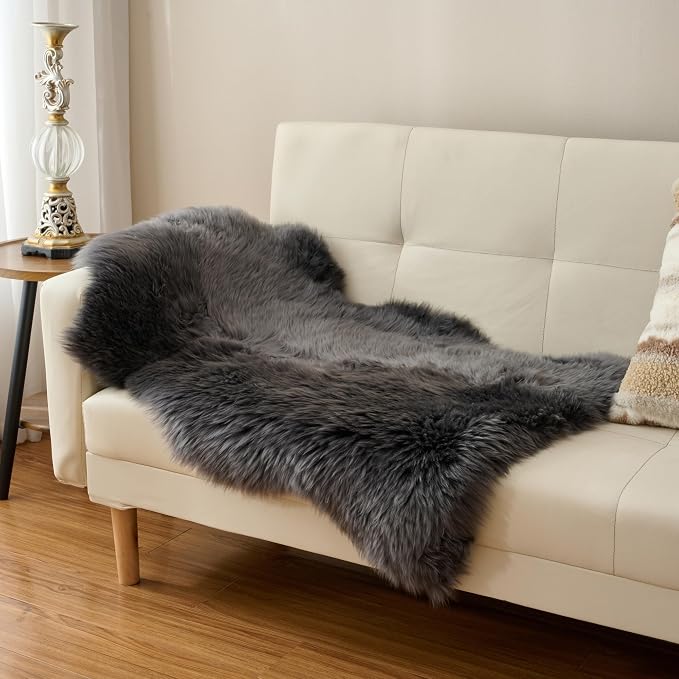 Premium Genuine Sheepskin Area Ruge - Real Wool Fur Shaggy Carpet | Fluffy Soft Natural Lambskin Rug Seat Chair Covers for Couch Sofa Bedroom Living Room(Dark Grey,2×3 Feet Sheepskin)