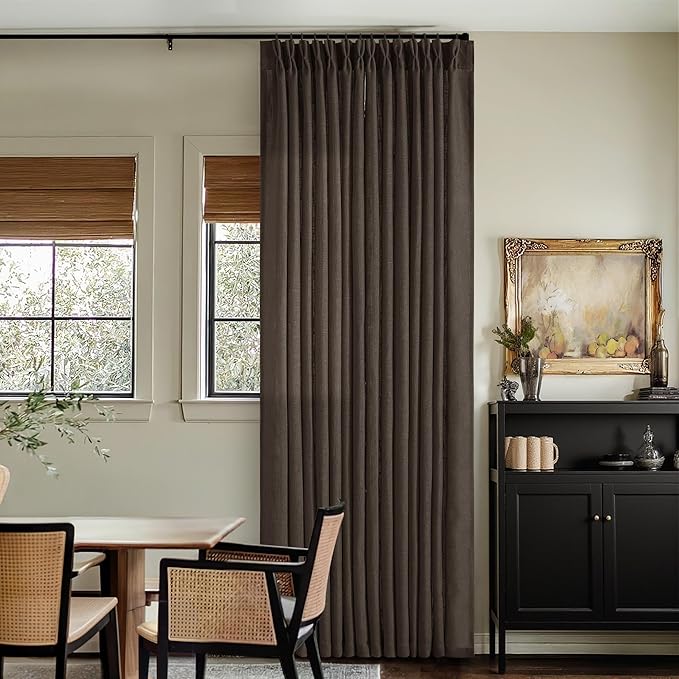 TWODRAPES Dark Chocolate Pinch Pleated Linen Curtains 2 Panels for Living Room Bedroom Memory Training Shaped Semi Sheer Pleat Drapes with Hooks Rings Light Filtering Window Curtain 40x90