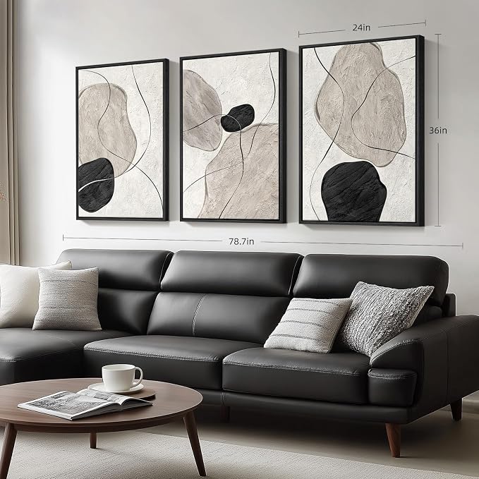 Framed Black and White Abstract Wall Art for Living Room, Large 3 Piece Neutral Minimalist Canvas Artworks, Modern Painting Prints for Dining Room Hallway Home Office Wall Decor, 24x36 In