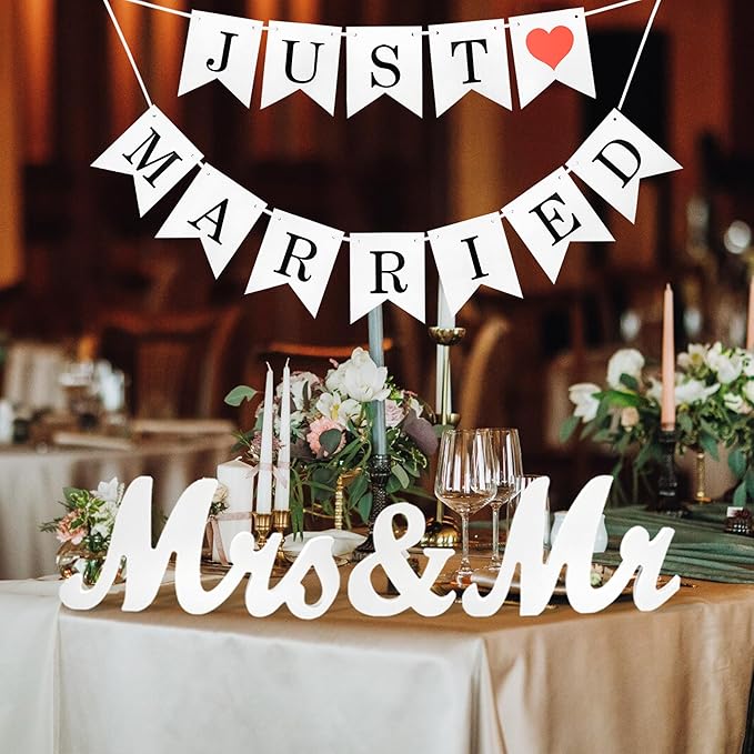 Mr Mrs Sign with Just Married Banner for Wedding Table, Mr and Mrs Wooden Letters, Mr. & Mrs. Wedding Decoration Items, Anniversary Party Vintage Decor (White W/banner)