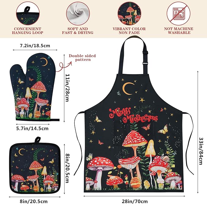Mushroom Kitchen Decor Bamboo Cooking Spoon with Apron Oven Mitt Pot Holder Utensil Set -Mushroom Kitchen Accessories,Home Decorations Gifts for Women-Housewarming,Easter,Birthday Gift,8PCS