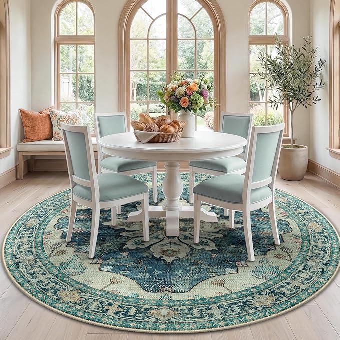 RELEANY Area Rugs 7ft Washable Non-Slip, Floral Vintage Distress Print Pattern Medallion Carpet for Living Room Bedroom Dining Room, Dark Blue Vintage