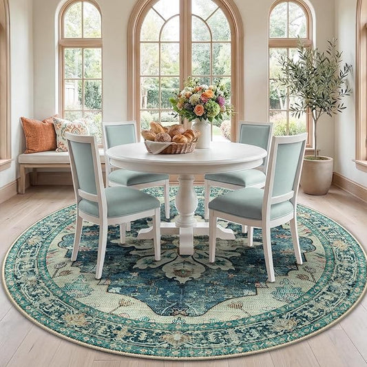 RELEANY Area Rugs 7ft Washable Non-Slip, Floral Vintage Distress Print Pattern Medallion Carpet for Living Room Bedroom Dining Room, Dark Blue Vintage