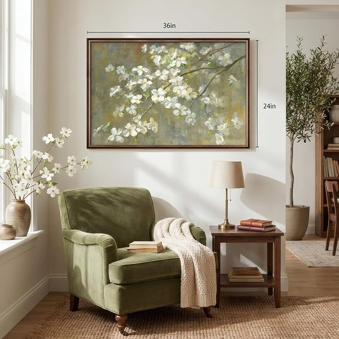 Framed Vintage Floral Wall Art, Green White Neutral Farmhouse Botanical Canvas Painting Prints Artwork for Walls, Rustic Retro Flower Picture for Living Room Bedroom Kitchen Hallway Wall Decor, 24x36