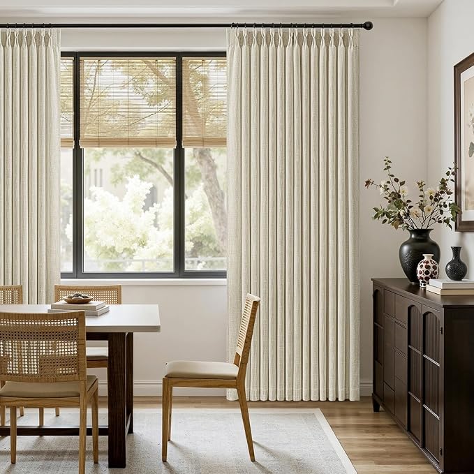 MIULEE Pinch Pleated Thick Linen Curtains 96 Inches Long 2 Panels for Living Room Bedroom, Memory Trained Pleat Drapes Light Filtering Linen Beige Semi Sheer Window Curtains Hooks Rings Back Tab