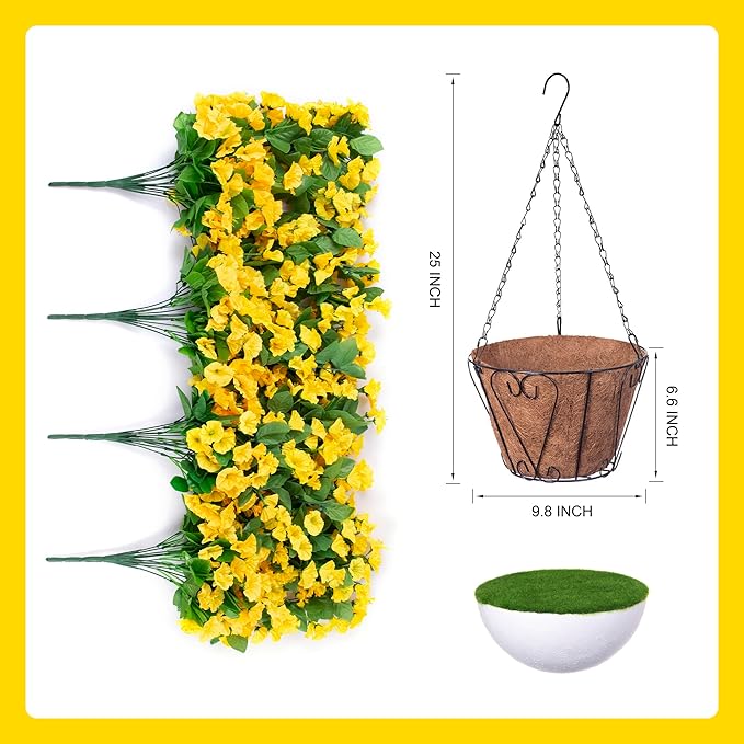 Ammyoo Artificial Faux Hanging Flowers Basket for Spring Summer Outdoor Porch Decor, Fake Silk Colorful Morning Glory Eucalyptus in Planter UV Resistant Look Real for Home Balcony Yard(Yellow)