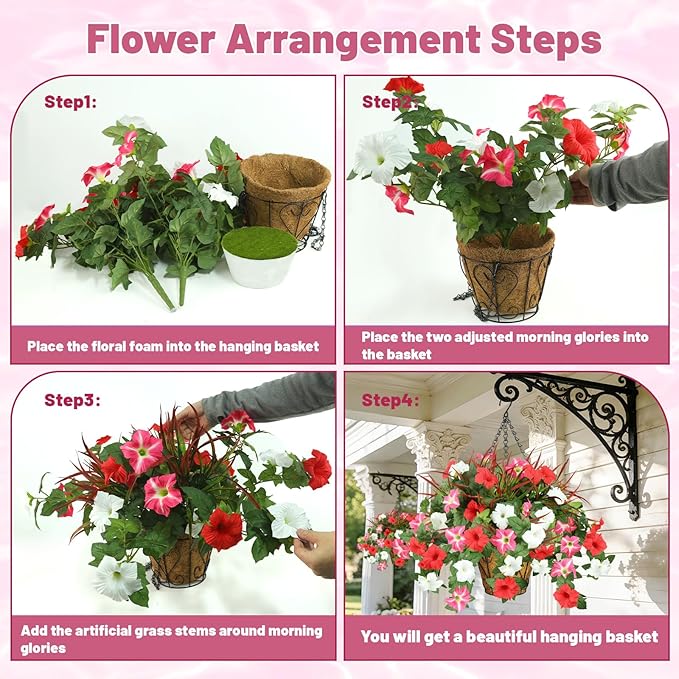 2 Pack Artificial Flowers Hanging Baskets for Outdoors, 10 PCS UV Resistant Faux Outdoor Plants, Fake Petunias Silk Flowers for Garden Balcony Yard Porch Decor (White Red Pink)