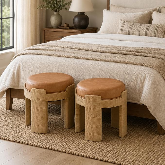 Round Ottoman Set of 2, Boho Hand-Woven Rope Upholstered Ktichen Vanity Chairs Accent Stool Fully Assembled for Bedroom Living Room, Brown Leather