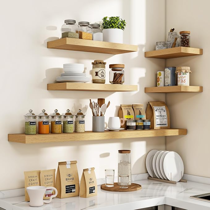 Acovy 48 Inch Floating Shelves, 3D Textured Wood Grain, 48"x9.25"x1.5" Inch Deep Floating Shelves for Wall, Wooden Shelves for Bathroom, Bedroom, Living Room, Natural, 1 Piece