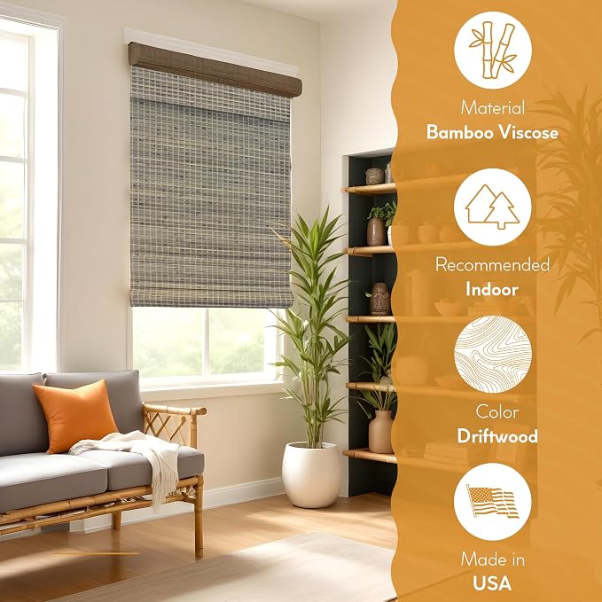 Radiance Cordless Bamboo Blinds - Flatstick Bamboo Roman Shades for Interior Windows - Roll Up Woven Shades with Valance - Inside & Outside Mount Roman Window Shades - Driftwood - 31" W x 64" L