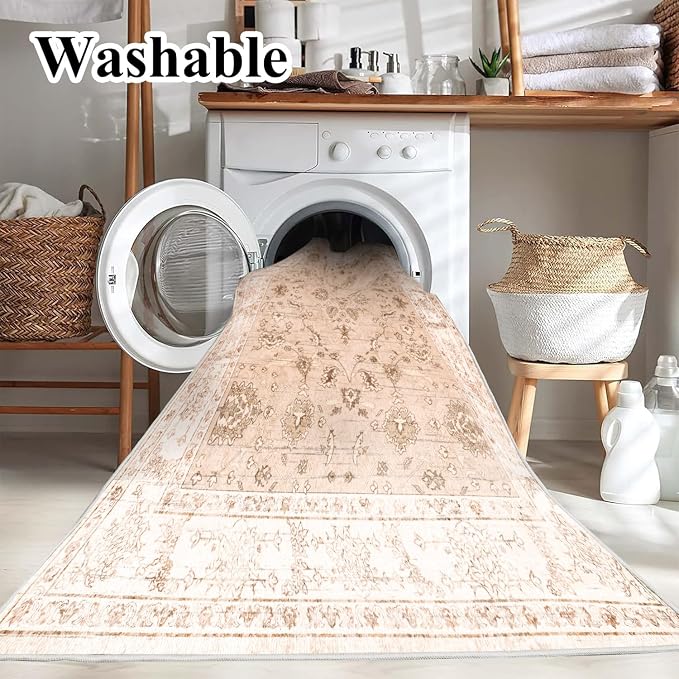 CHAMPLANT 5x7 Washable Foldable Thin Area Rug Tangerine Vintage Rug Traditional Floor Cover Retro Indoor Distressed Non Slip Carpet Floral Print Bedroom Living Room Bathroom Mat