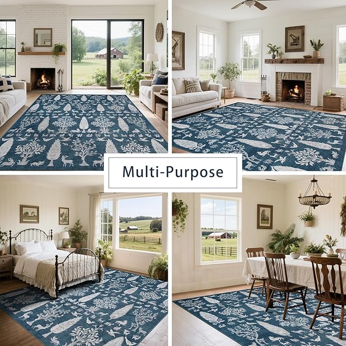 Srugn Washable Rugs 8x10 Area Rugs for Living Room,Bedroom,Dining Room- Large Ultra Soft Faux Wool Retro Carpet,Non Slip&Non-Shedding Low Pile Vintage Print Rug for Home Office Dorm Playroom-Blue