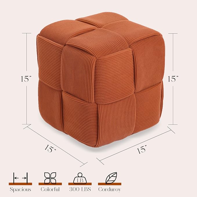 Cmishe 15" Square Woven Corduroy Ottoman Footrest - Modern Vanity Stool for Living Room & Entryway, Eco-Friendly Wood Frame, No Assembly (Orange)