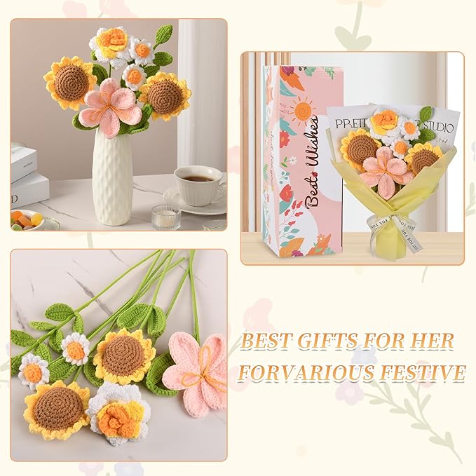 Crochet Flower Bouquet, Crochet Flowers Handmade Yellow Roses Sunflowers Bouquet, Romantic Gift for Her, Mother's Day, Wedding, Anniversary, Birthday Gift for Women Wife Lover Friends (Sunflower)