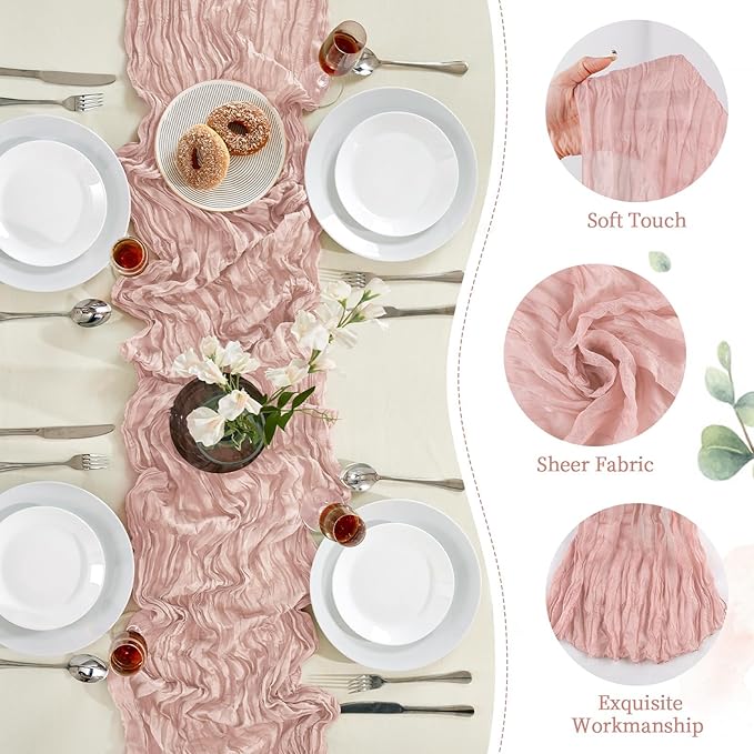Dusty Pink Mother’s Day Cheesecloth Table Runner 10FT Long Easter Spring Boho Gauze Table Runner Rustic Sheer Runner for Wedding Bridal Baby Shower Birthday Holiday Party Table Decor Easter Decor