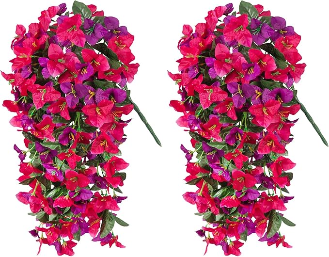 INXUGAO 2 pcs Artificial Faux Bougainvillea Flowers Plants for Outdoor Outside Summer Decoration, Fake Silk UV Resistant Long Trailing Vines for Front Door Porch Planter Balcony (Rose Deep Lotus)